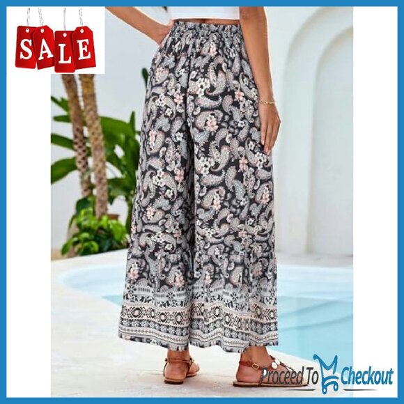 Women's Wide Leg Palazzo Pants Elastic High Waist Flowy Beach - Picture 5 of 7